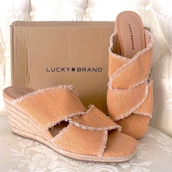 Brand New Lucky Brand Orange Washed Twill Madgie Espadrille Wedge Sandals - Picture 1 of 15